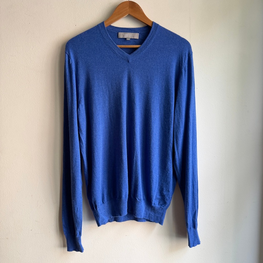 Neiman Marcus V-Neck Sweater Cashmere Silk Blue Medium Excellent